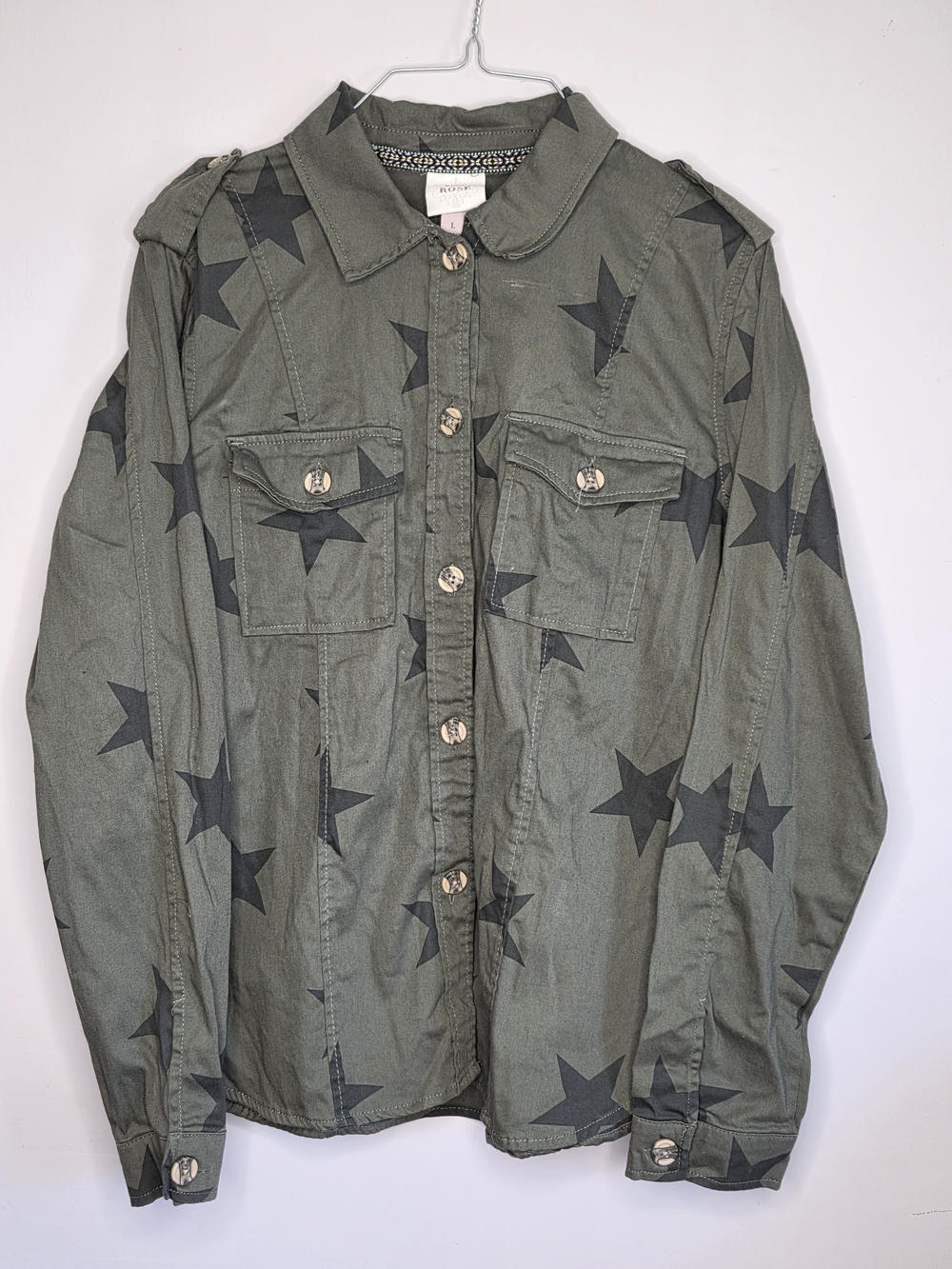 Olive Green Star Print Long Sleeve Shirt
